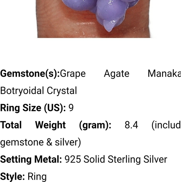 RARE! GRAPE AGATE botryoidal crystal ring 925 Sterling Silver Hand Made - Picture 3 of 3